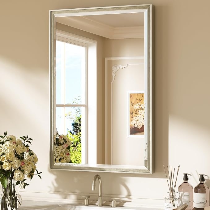 Keonjinn Brushed Nickel Bathroom Mirror 24" x 36", Sculpted Wide Frame by Keonjinn