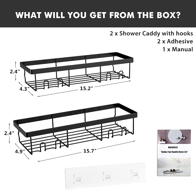 Moforoco Shower Caddy Shelf Organizer Rack, Self Adhesive Black Bathroom - Image 2