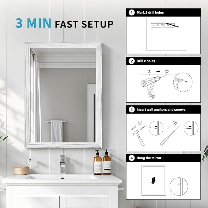 White Wood Effect Framed Wall Mirror, 24x36 Rectangle Mirror, Anti-desilvering - Image 6