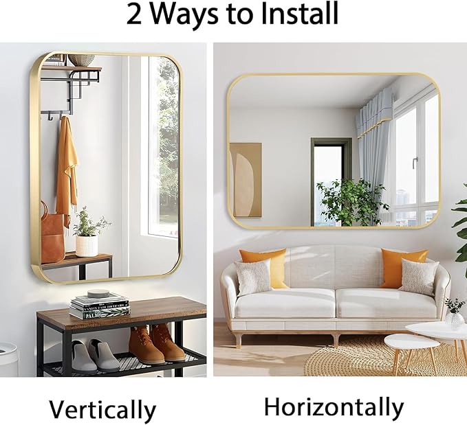 40x30 Inch Gold Bathroom Mirror, Brushed Gold Metal Framed Rectangular Mirror - Image 5