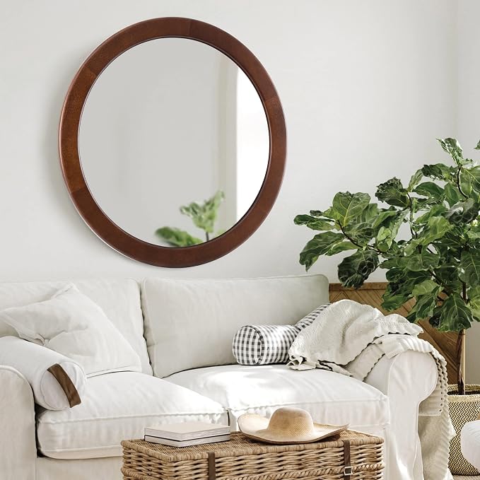 CULER Round Mirrors 30 Inch, Wood Vanity Wall Rustic Mirror - Image 3