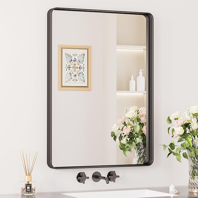 Keonjinn Black Vanity Mirror, 22 x 30 Inch Rounded Rectangle Matte Black by Keonjinn