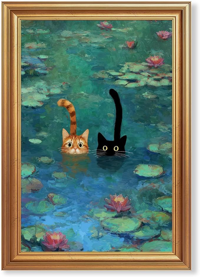 Fantasy Artists Gold Framed Wall Art Prints, Two Swimming Cats in Lotus Pond by Unknown