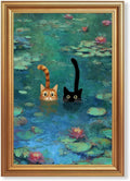 Fantasy Artists Gold Framed Wall Art Prints, Two Swimming Cats in Lotus Pond by Unknown