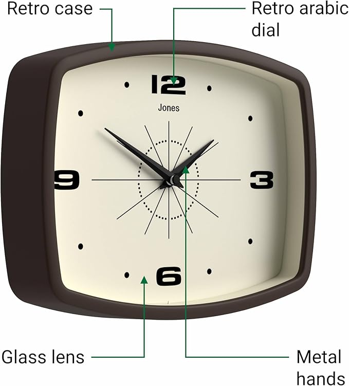 JONES CLOCKS® Movie wall Clock | Retro Rectangular Clock | 10 inch | Mocha - Image 6
