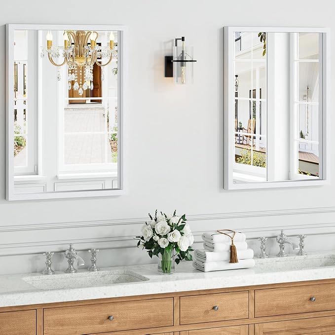 Syndra White Wood Frame Bathroom Mirror, Waterproof Slim Deep Frame, - Image 2