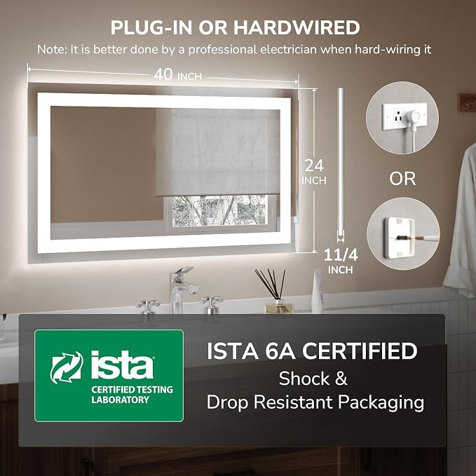 USHOWER LED Bathroom Mirror 40x24 Inch Tempered Glass - Image 7