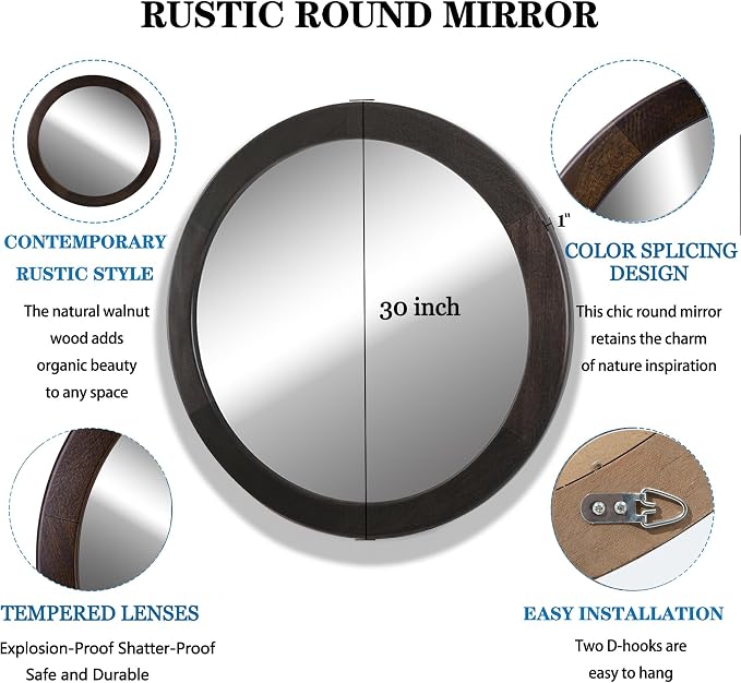 CULER Round Mirrors 30 Inch, Wood Vanity Wall Rustic Mirror - Image 5