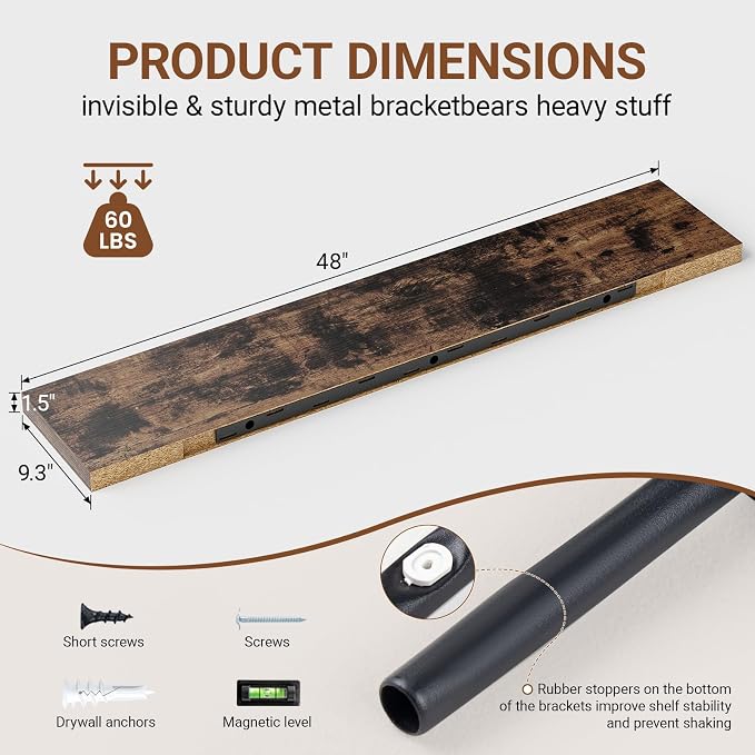 Floating Shelves for Wall 48 Inches Long, 9.3" Deep Rustic Brown Floating Shelf - Image 3