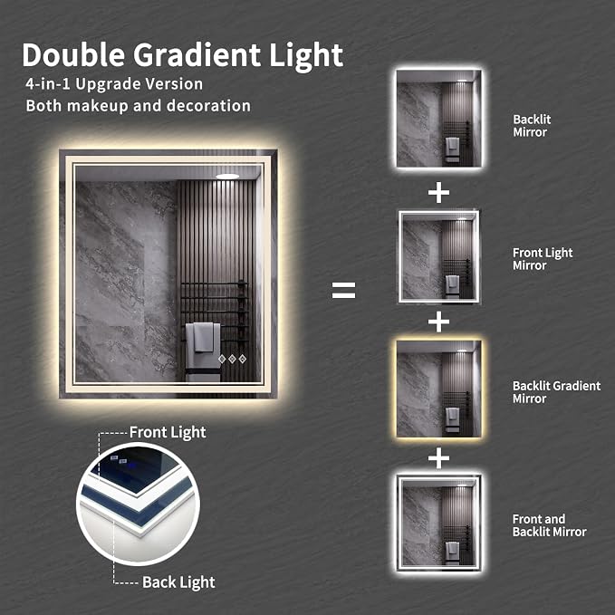 LED Bathroom Mirror, 28x32 Inch Gradient Front and Backlit LED Vanity Mirror - Image 4