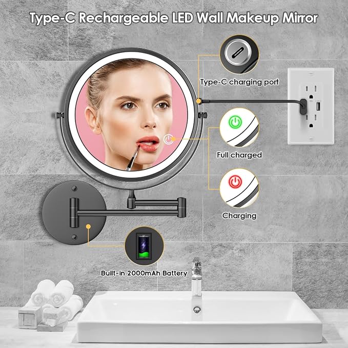 Rocollos 9" Wall Mounted Lighted Makeup Mirror, Large Double Sided 1X/10X - Image 2