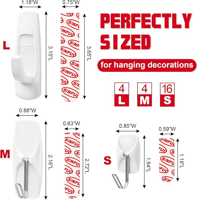 Sinfuo 24 Hooks for Hanging Variety Pack, Adhesive Wall Hooks Heavy Duty - Image 2