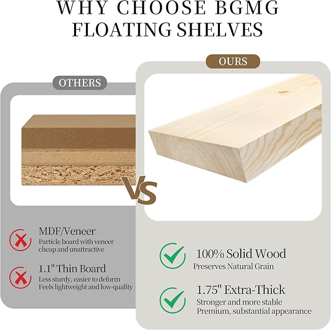 BGMG Wood Floating Shelves for Wall 60 inch Set of 2, Solid Wood Wall Mount - Image 4