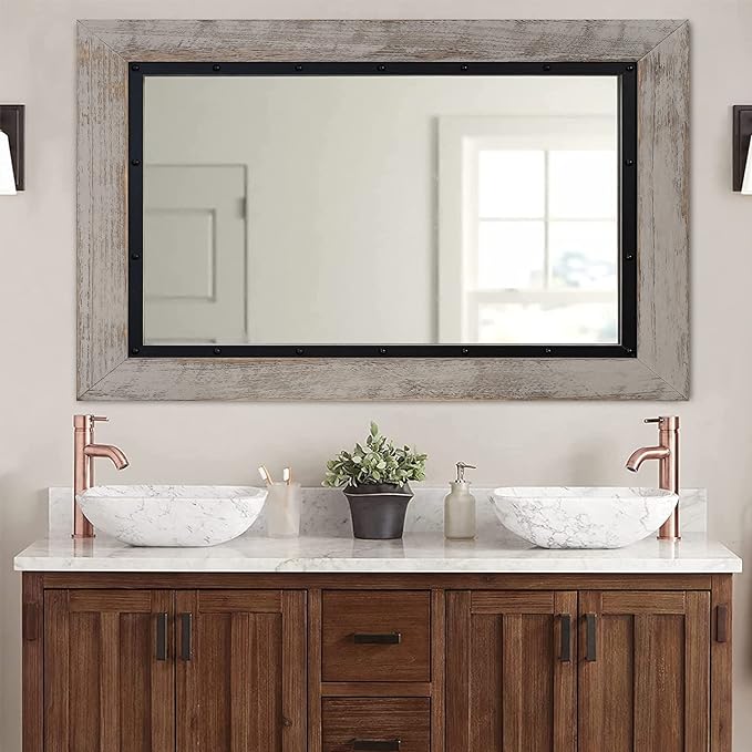 YOSHOOT Rustic Wooden Framed Wall Mirror, Natural Wood and Iron Bathroom Vanity by YOSHOOT
