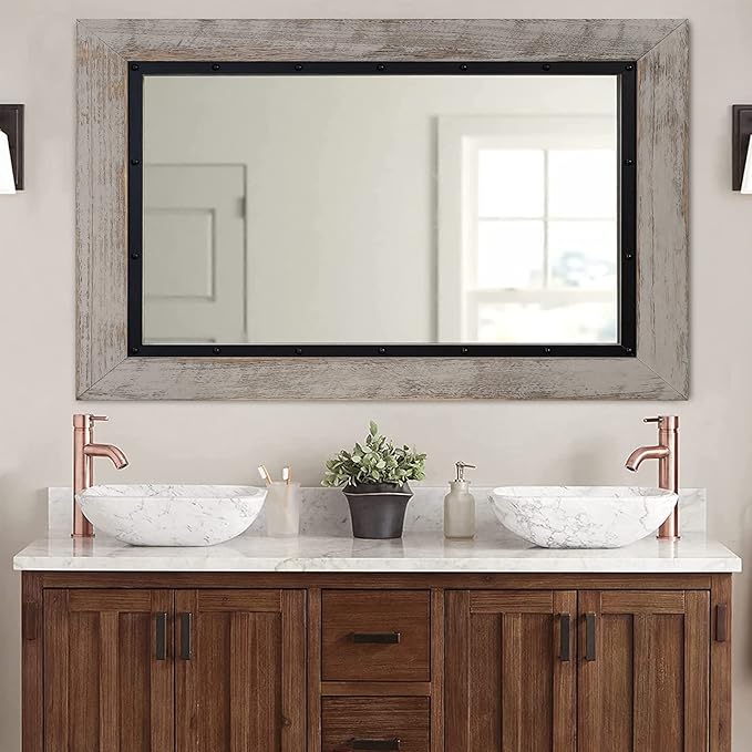 YOSHOOT Rustic Wooden Framed Wall Mirror, Natural Wood and Iron Bathroom Vanity by YOSHOOT