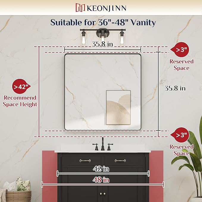 Keonjinn Brushed Nickel Wall Mirror, 36 x 36 Inch Large Square Silver Bathroom - Image 6