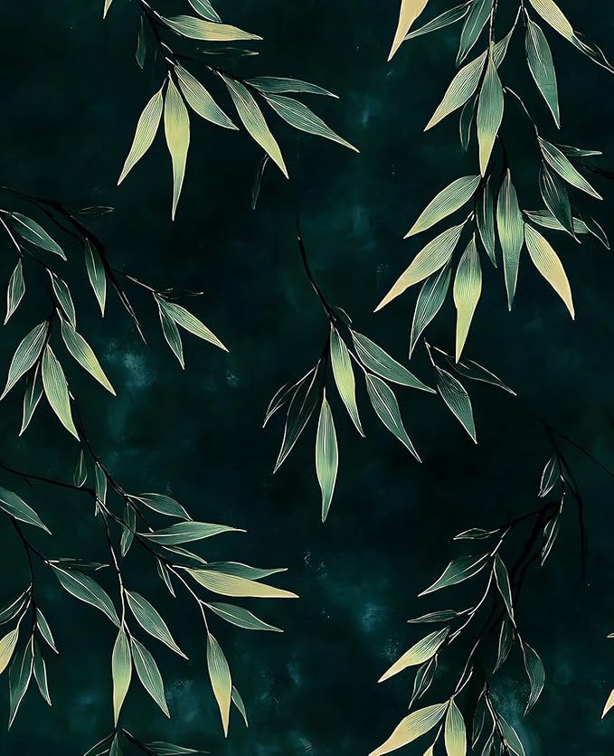 Dark Bamboo Leaves Peel and Stick Wallpaper, Moody Leaf Design Self Adhesive by VOLEAARWALLPAPER