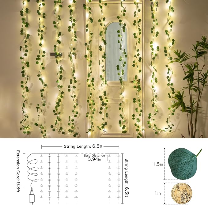 suddus 200 LED Vine with Light Plug in, 6.5ft x 6.5ft Eucalyptus Fairy Curtain - Image 5