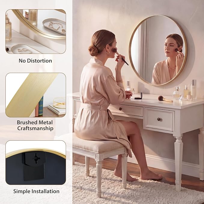 NEWBULIG 24-Inch Round Wall Mirror, Bathroom Wall Circle Mirror - Image 4