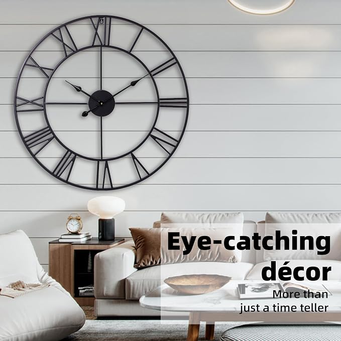 30 Inch Wall Clock Decorative, Oversized Large Black Metal Roman Numeral Silent - Image 7