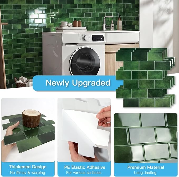 Art3d Peel and Stick Green Wall Tiles – 12"x12" Thicker Design Backsplash - Image 5