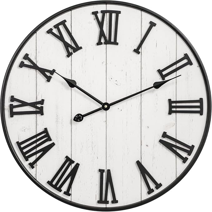 Large Rustic Wooden Wall Clock, 24 Inch Whitewashed Farmhouse Wall Clock by MACVAD