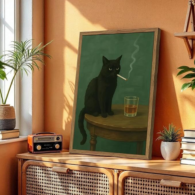 Moody Black Cat Wall Art, Funny Smoking Cat - Image 2