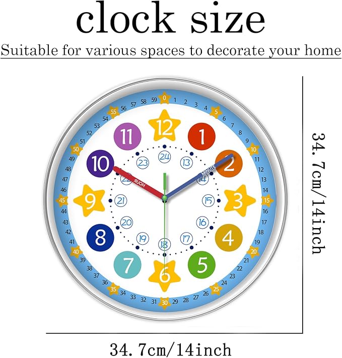 XFM Blue Kids Wall Clock 14 Inch Silent Non Ticking Quartz Battery Operated - Image 6
