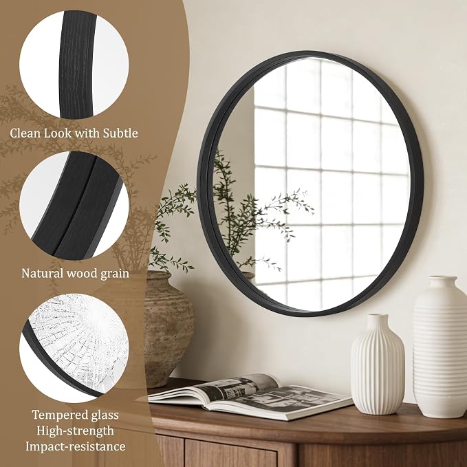 WallBeyond Black Round Wood Mirror 24 inch Circle Wall Mirror - Image 4