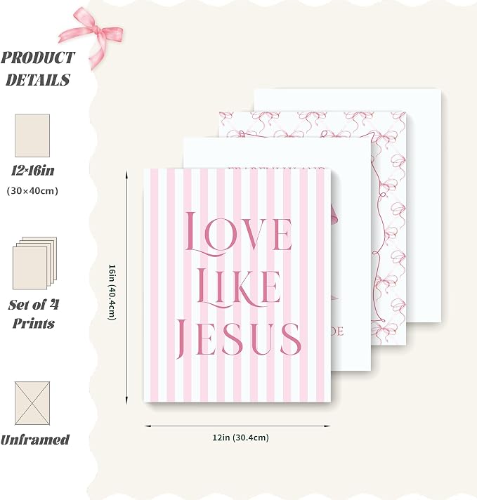 LARTSFRO Coquette Pink Bow Jesus Wall Art Decor Posters, Light Pink Bow - Image 2