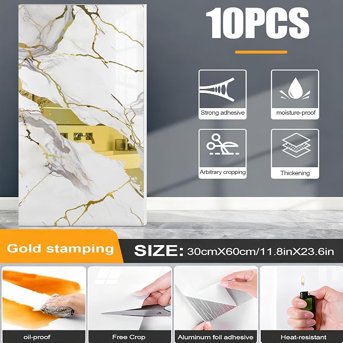10pcs Thick Marble Peel and Stick Waterproof Wall Panels, Heat-Resistant - Image 8
