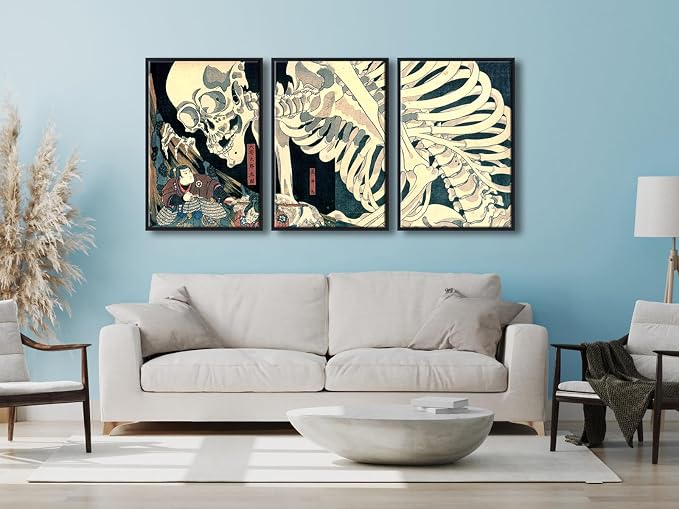 Wieco Art Black Framed 3 Piece Witch and Skeleton Ukiyo-E by Utagawa Takiyasha - Image 2