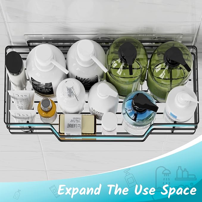 Moforoco Shower Caddy Shelf Organizer Rack, Self Adhesive Black Bathroom - Image 2