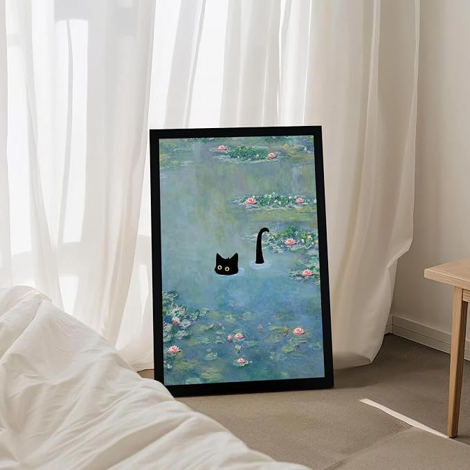 Fantasy Artists Monet Water Lilies Cat Wall Art, Framed Vintage Canvas Art Wall - Image 3