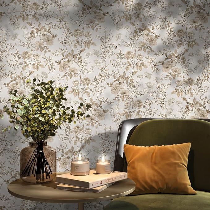 Erfoni 16.9" x118" Boho Floral Peel and Stick Wallpaper Beige Flower and Leaf - Image 7