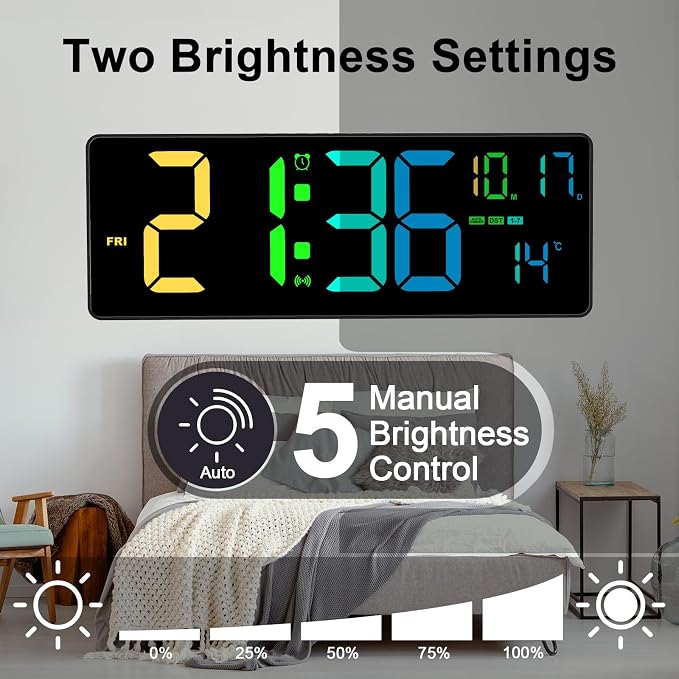 16" Bluetooth Large Digital Wall Clock/Auto Time Sync, 10 RGB Colors Digital - Image 6