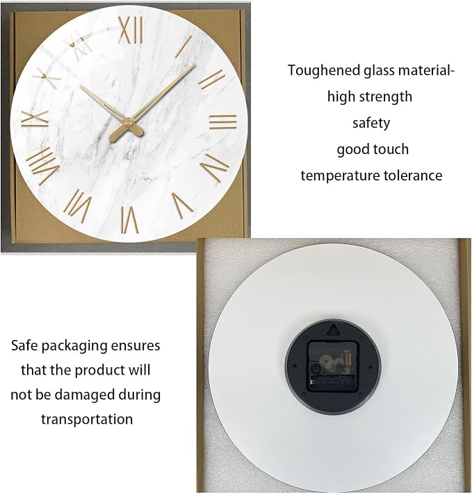 White Marble Large Clocks for Living Room Round Glass Wall Clock Battery - Image 7