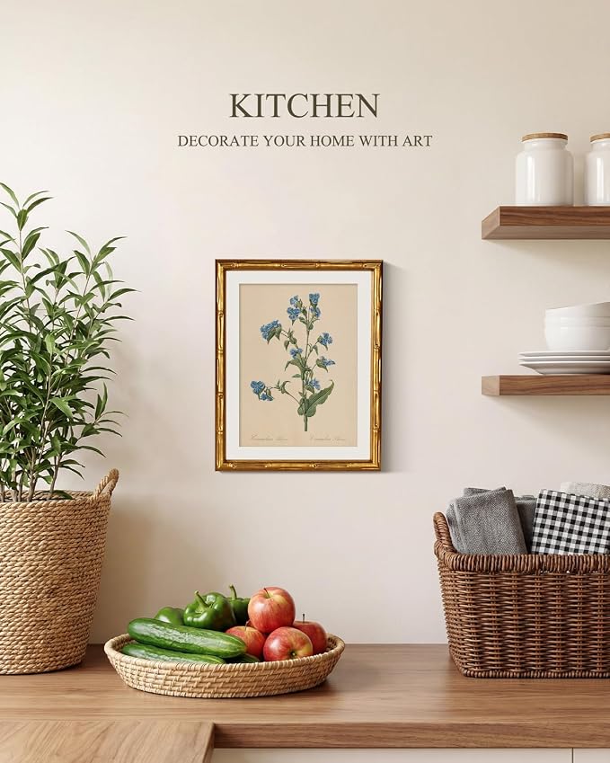 InSimSea Gold Bamboo Framed Canvas Wall Art, Retro Blue Myosotis Botanical - Image 2
