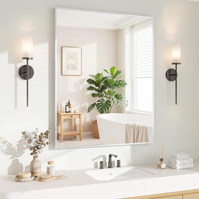 Koonmi Silver Rectangle Wall Mirror, 30x36 Inch Bathroom Mirror, Aluminum Frame by KOONMI