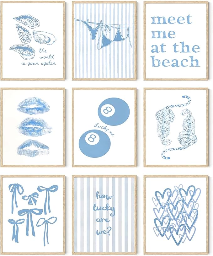 9Pcs Coastal Granddaughter Wall Art Posters Blue Oyster Bikini 8 Ball Leopard by LOARTVEART
