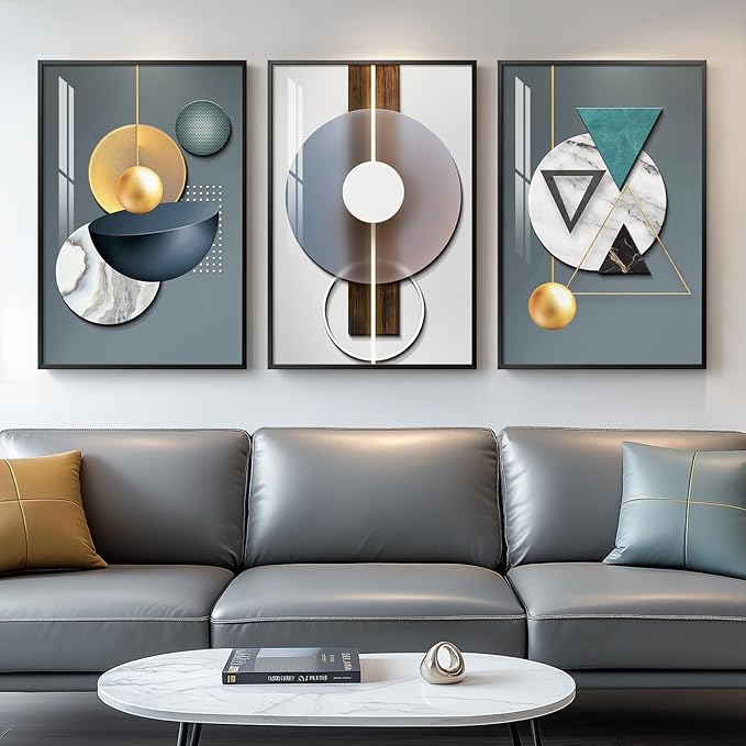 Framed Modern Wall Art for Living Room, 3 Piece Modern Luxury Bright Style Blue by Cuspin