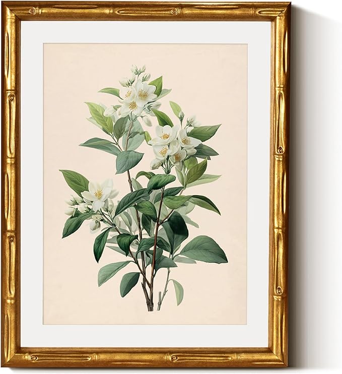 InSimSea Gold Bamboo Framed Canvas Wall Art, Vintage White Jasmine Botanical by InSimSeaArt