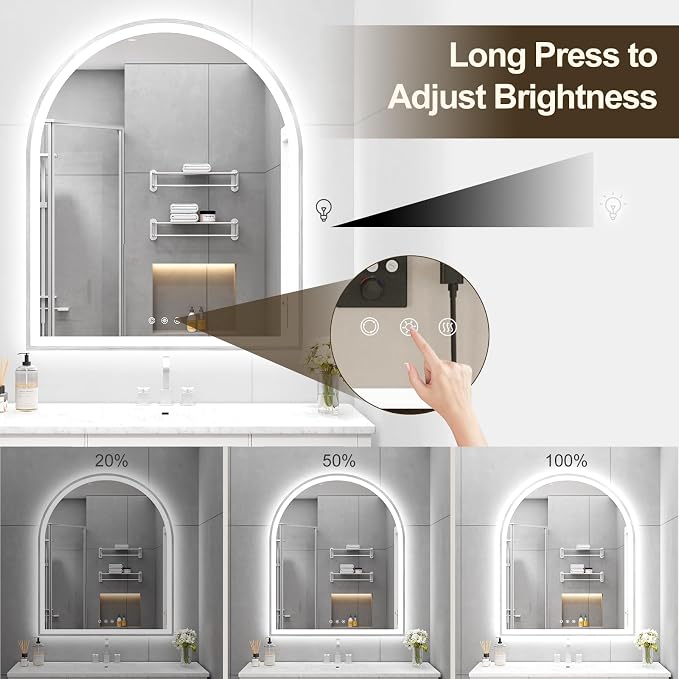 Arched LED Mirror for Bathroom 30"x36", 3 Color Changing, Touch Sensor - Image 5