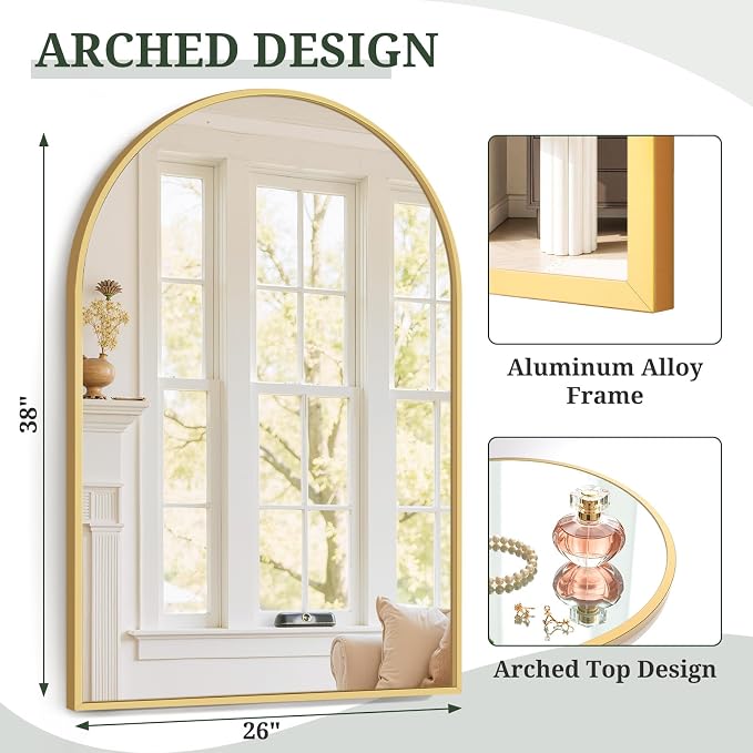Arched Wall Mirror 38x26 Inch Gold Bathroom Vanity Mirror - Image 3