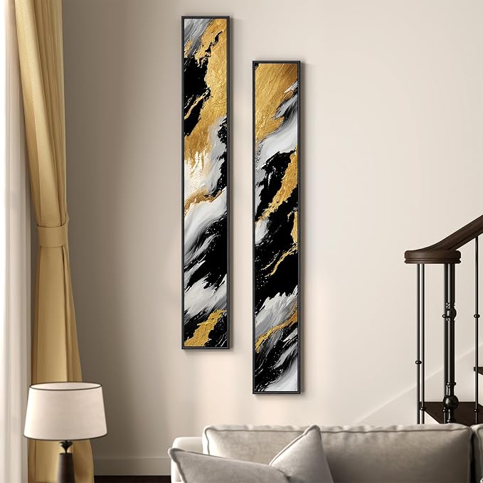 Framed Long Narrow Vertical Abstract Wall Art Set, 2 Piece Black White Gold - Image 2
