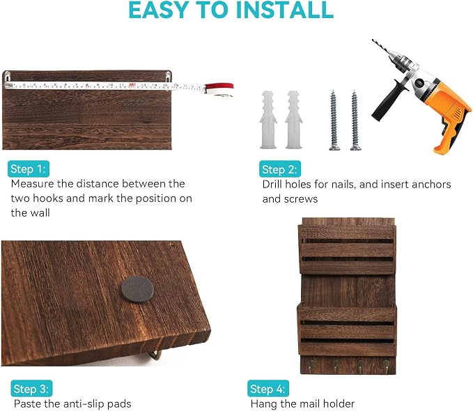 Mail Organizer Wall Mount with 4 Key Hooks, Rustic Wooden Hanging Mail Sorter - Image 2