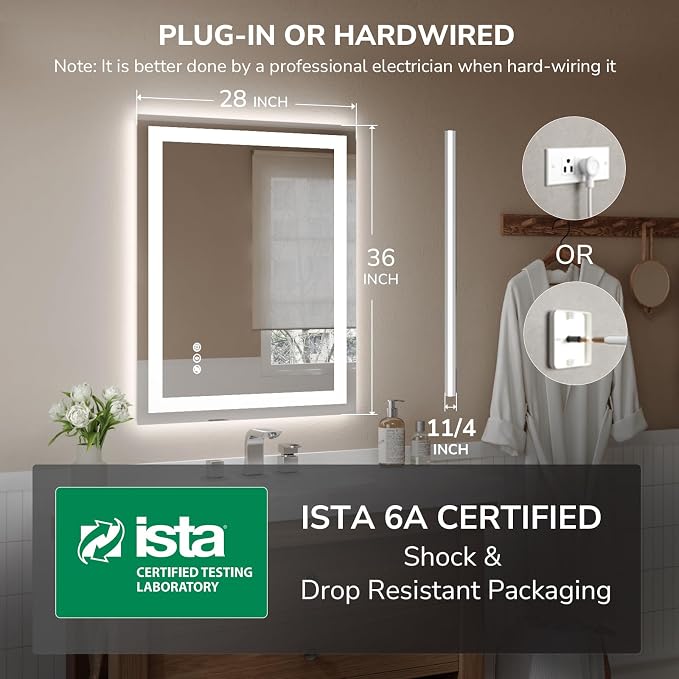 USHOWER LED Bathroom Mirror 28x36 Inch Tempered Glass - Image 4
