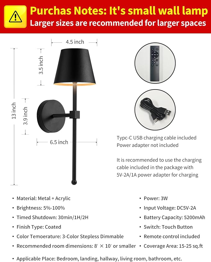 KDG Wireless Wall Sconces Set of 2, Small Cordless 5200mAh Rechargeable Battery - Image 5