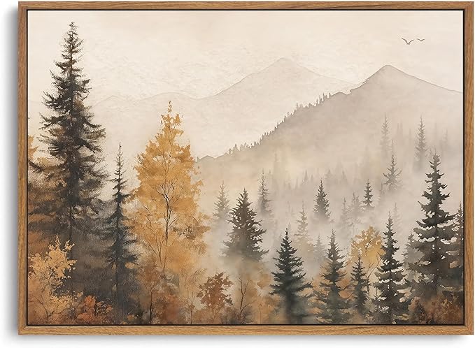 OIQArtOIQ Vintage Framed Wall Art Autumn Mountain Landscape Canvas Art Prints by OIQArtOIQ