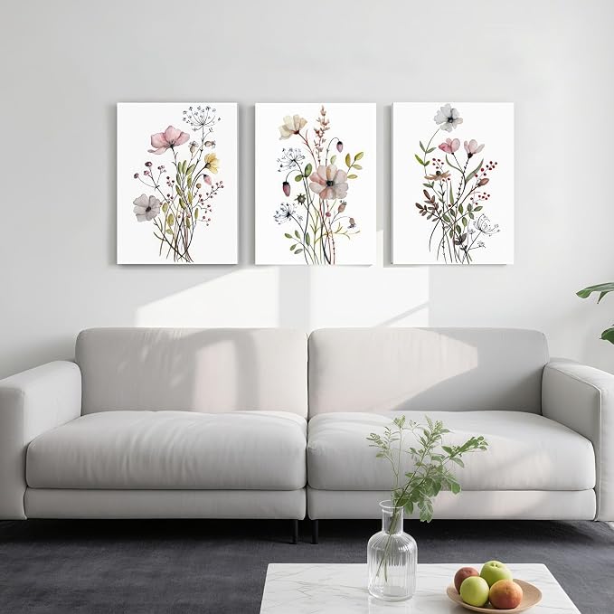WRFON UnFramed Botanical Canvas Wall Art Set of 3, Watercolor Floral Prints - Image 2